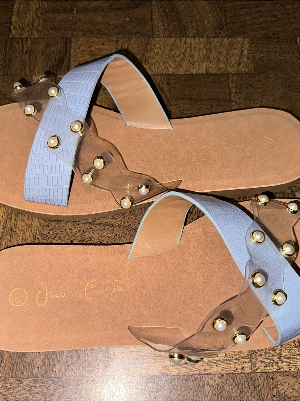 Light Blue Pearl-Stud Women’s Slide Sandals by